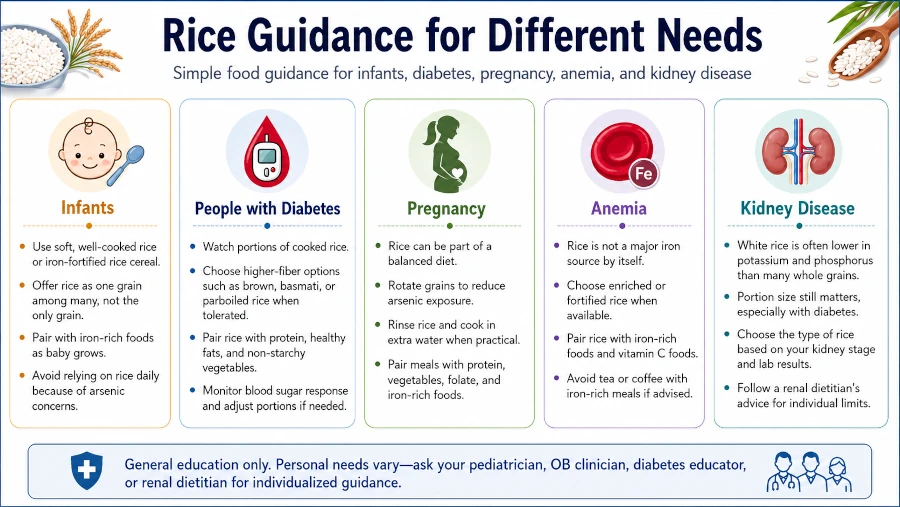 Panel summarizing rice guidance for infants, people with diabetes, pregnancy, anemia, and kidney disease.