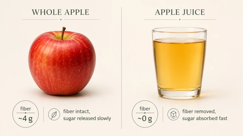 Side-by-side comparison of a whole apple and a glass of apple juice showing fiber and sugar differences