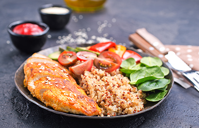 a plate with a healthy meal on a table