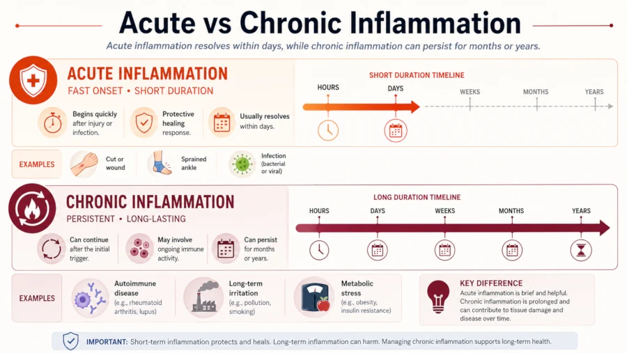 Timeline comparing acute inflammation, which resolves within days, to chronic inflammation, which can persist for months or years