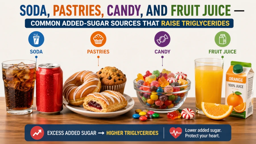 Soda, pastries, candy, and fruit juice — common added-sugar sources that raise triglycerides.