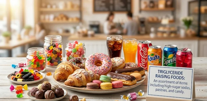 Assortment of high-sugar foods including soda, pastries, and candy that raise triglyceride levels.
