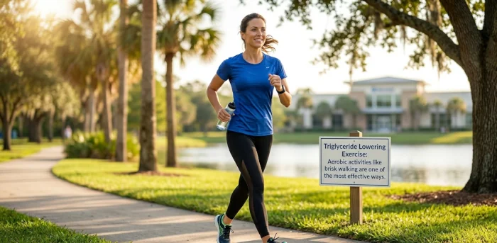 Person brisk walking outdoors — aerobic exercise is one of the most effective ways to lower triglycerides naturally.