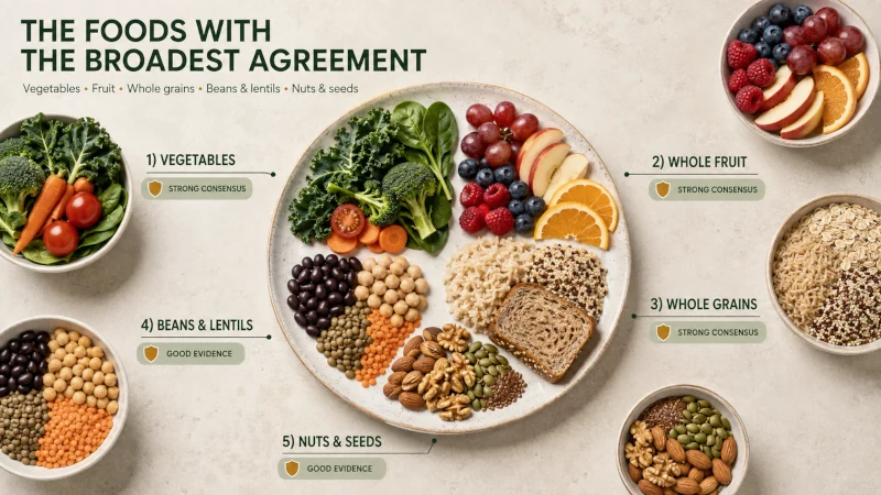 Evidence-based best foods for humans including vegetables, fruit, whole grains, beans, lentils, nuts and seeds