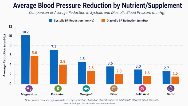 Bar chart comparing average systolic and diastolic blood pressure reduction for magnesium, potassium, omega-3, fiber, folic acid, and garlic