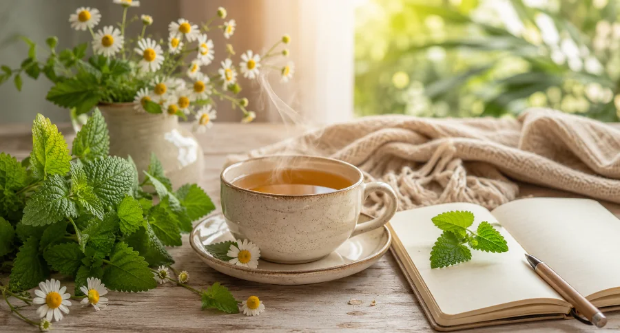 Fresh chamomile flowers and lemon balm leaves beside a cup of herbal tea and an open notebook — natural approaches to reduce anxiety and stress.