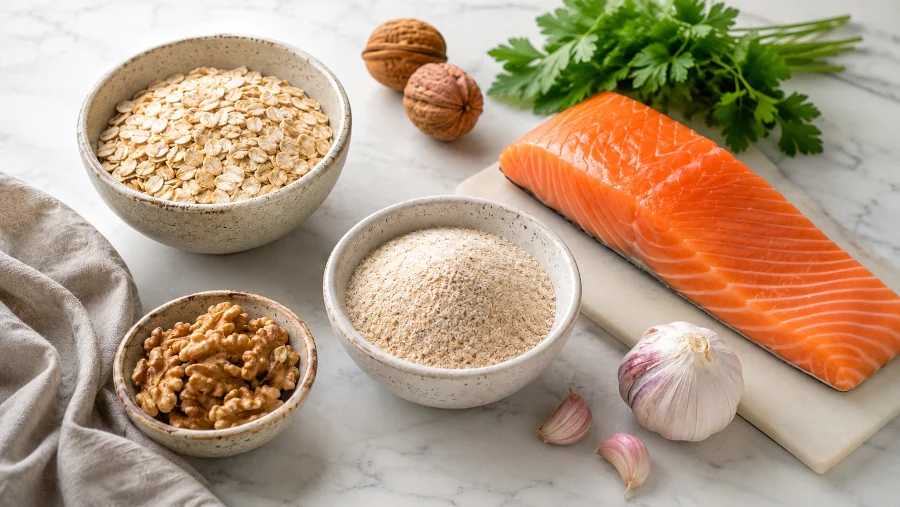 Bowls of oats, psyllium husk, walnuts, salmon, and garlic — foods linked to lower LDL cholesterol.