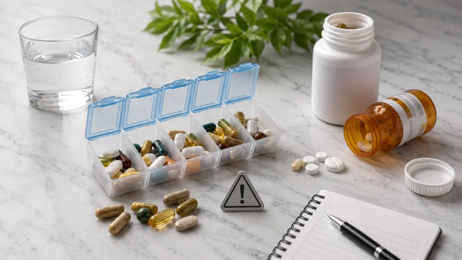 Pill organizer with prescription pills and supplement that help lower cholesterol capsules, illustrating drug-supplement interaction risk.