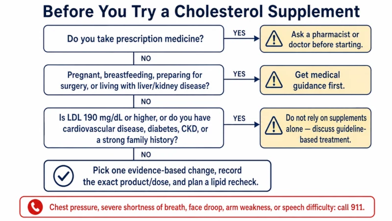 Decision tree for when to ask a doctor or pharmacist before using a cholesterol supplement.