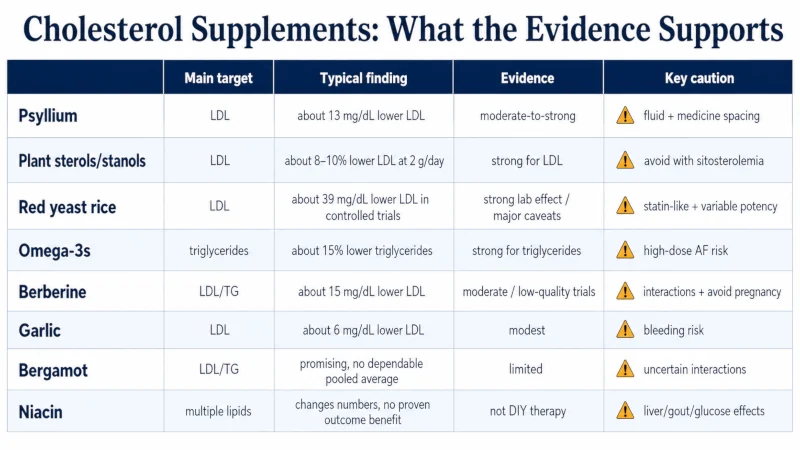 Comparison of cholesterol supplements by lipid target, evidence strength, and major safety caution.