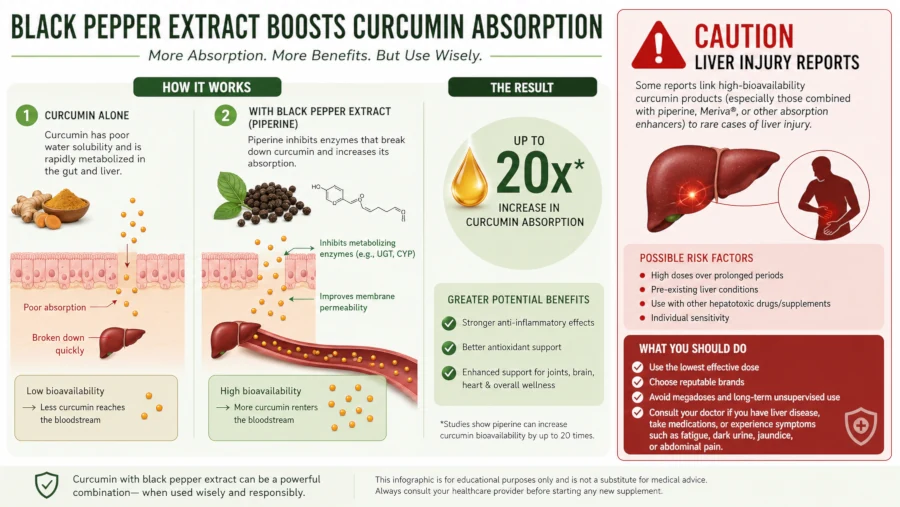 Diagram showing how black pepper extract improves curcumin absorption, alongside a caution about liver injury reports linked to high-bioavailability curcumin products.
