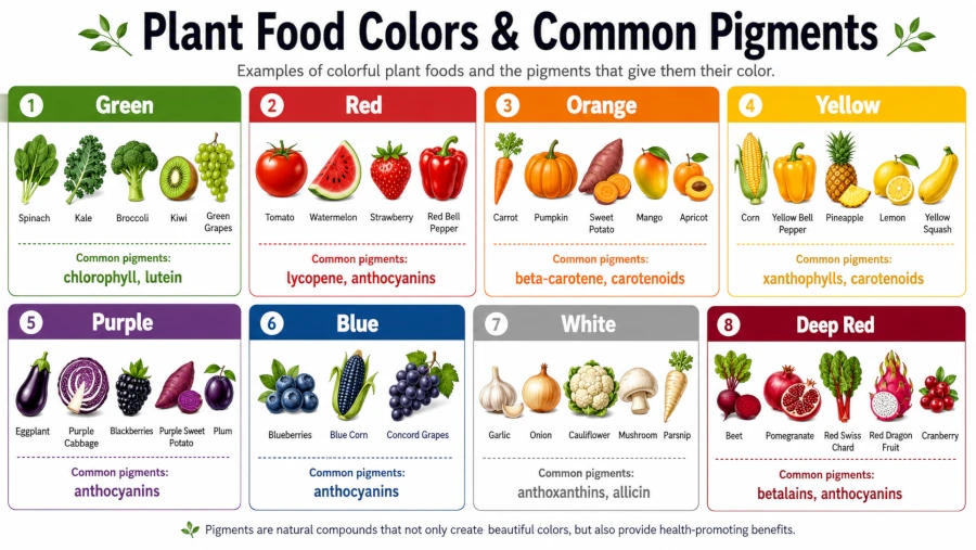Chart showing green, red, orange, yellow, purple, blue, white, and deep red plant foods with common pigments.