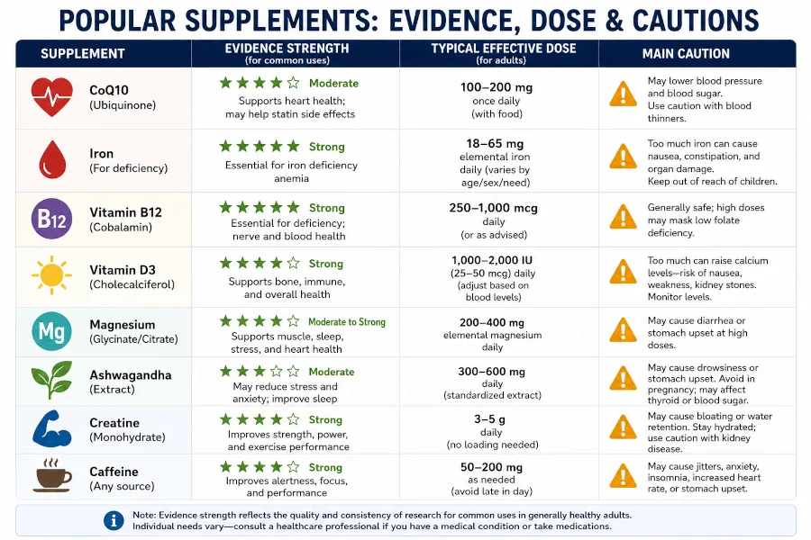 Comparison chart showing energy boosting supplements evidence strength, dose, and main caution for CoQ10, iron, B12, vitamin D, magnesium, ashwagandha, creatine, and caffeine.