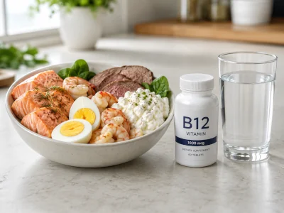 A bowl of B12-rich foods next to a supplement bottle and a glass of water.