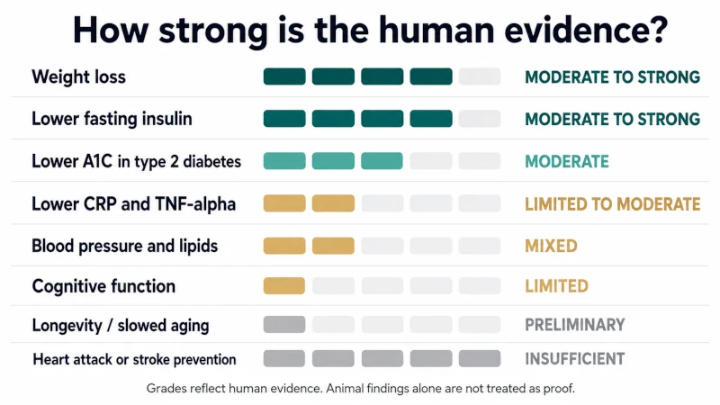 Health benefits of fasting chart showing stronger human evidence for fasting-related weight loss and lower fasting insulin, with weaker evidence for inflammation, cognition, longevity, and cardiovascular event prevention.