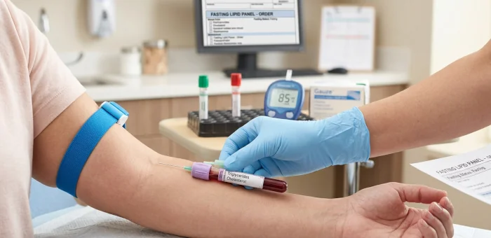 Blood sample being drawn for a fasting lipid panel test that measures triglycerides and cholesterol.