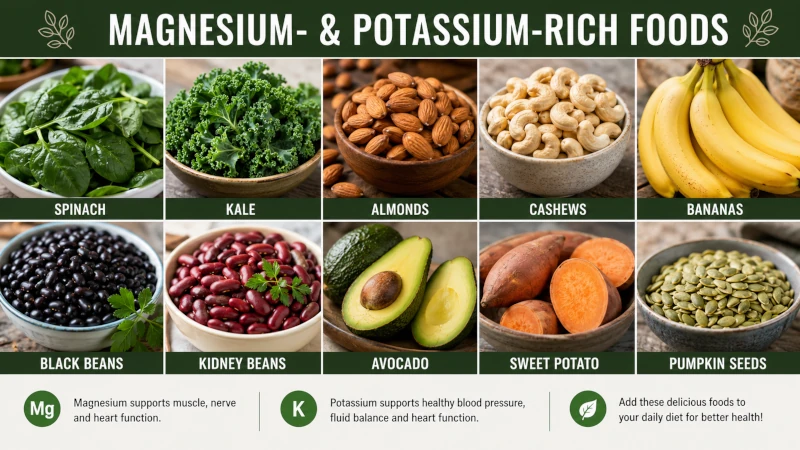 Photo grid of magnesium- and potassium-rich foods including leafy greens, nuts, bananas, and beans
