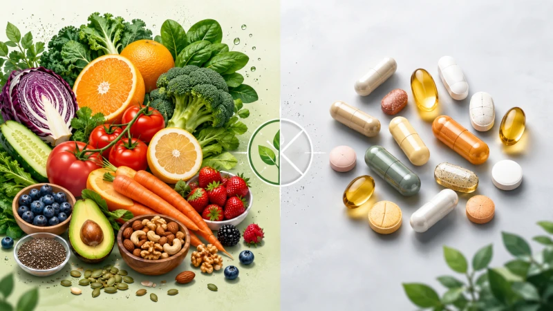 Illustration comparing whole colorful foods with supplement capsules.