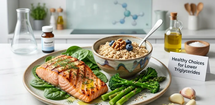 Plate of fatty fish, oats, garlic and green vegetables — foods associated with lower triglyceride levels.
