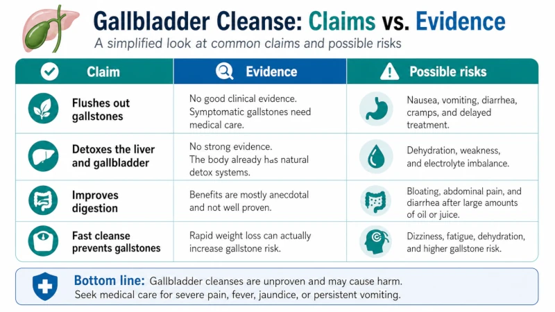 Comparison chart showing gallbladder cleanse claims, lack of evidence, and possible side effects.