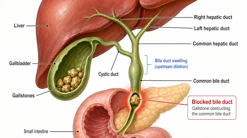 Diagram of the gallbladder, liver, bile ducts, and gallstones blocking a bile duct.
