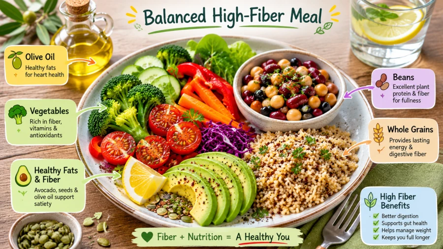 natural remedies for gallstones with a balanced high-fiber meal plate with vegetables, beans, whole grains, and olive oil.