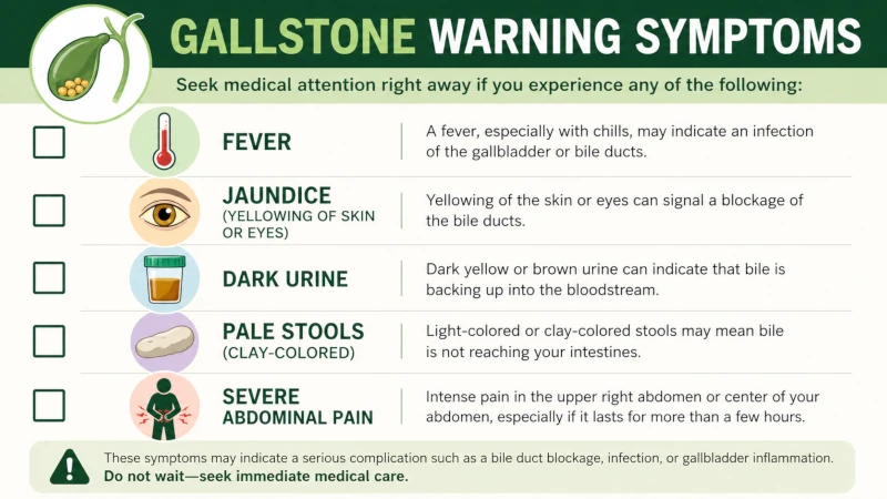 Checklist of gallstone warning symptoms including fever, jaundice, dark urine, pale stools, and severe abdominal pain.