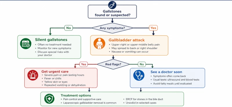 Decision tree for silent gallstones, gallbladder attacks, red flags, and medical treatment options.