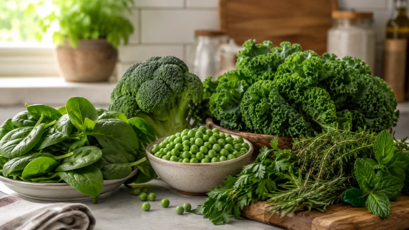 Spinach, broccoli, peas, kale, and herbs arranged on a kitchen surface.