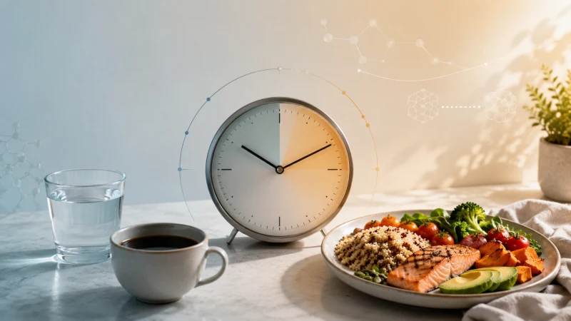 Evidence-based concept of intermittent fasting showing a clock, an eating window, water, and a balanced meal without making exaggerated health claims.