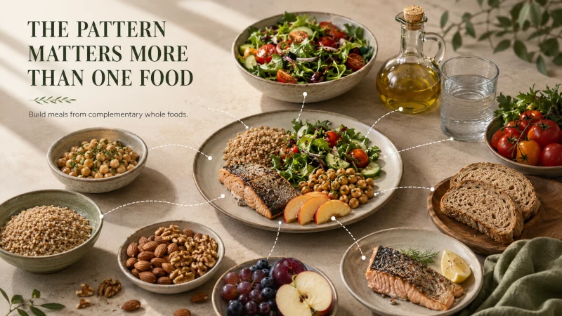 Mediterranean-style eating pattern with vegetables, whole grains, legumes, nuts, fruit, olive oil and fish