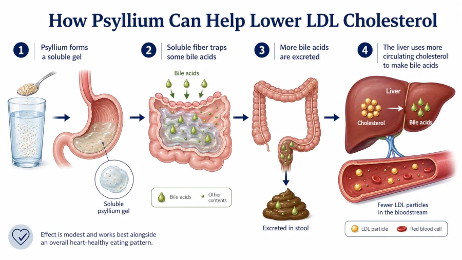 Diagram showing how psyllium soluble fiber helps lower LDL cholesterol by binding bile acids in the digestive tract.