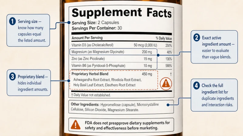 Annotated dietary supplement label showing exact ingredient amounts, serving size, proprietary blends, and interaction checks.