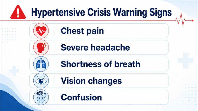 Icon list of hypertensive crisis warning signs: chest pain, severe headache, shortness of breath, vision changes, confusion