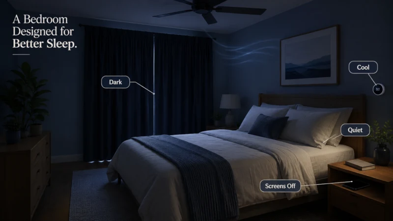 Illustrated bedroom that is cool, dark, quiet, uncluttered, and free from active screens before bedtime.