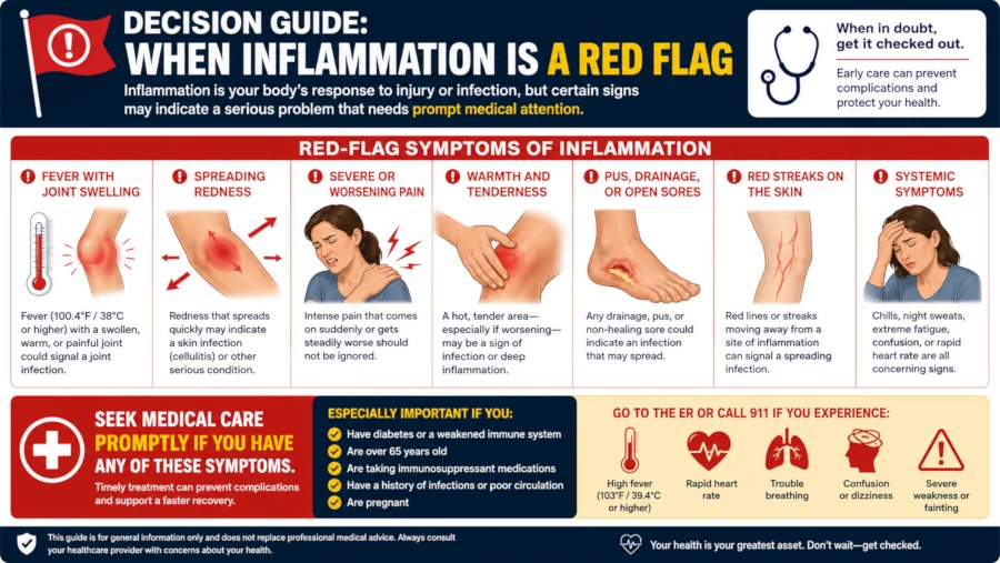 Decision guide showing red-flag symptoms of inflammation, such as fever with joint swelling or spreading redness, that require prompt medical care.
