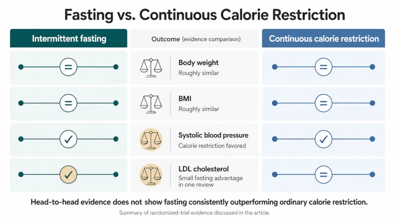 Evidence comparison showing intermittent fasting and continuous calorie restriction performing similarly for body weight and BMI, with mixed differences for blood pressure and LDL cholesterol.