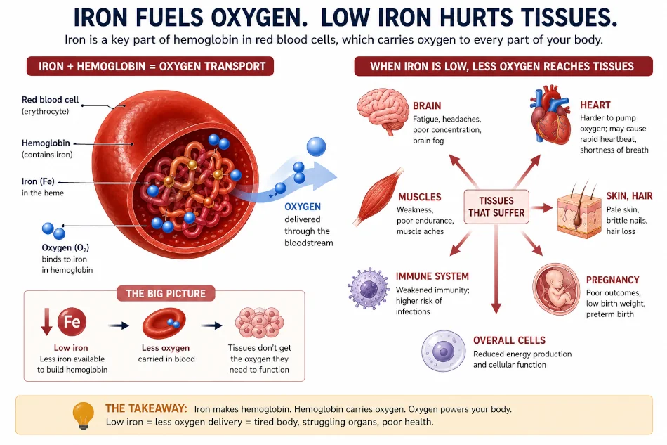 Diagram of a red blood cell carrying oxygen via hemoglobin, with arrows showing tissues that suffer when iron is low.