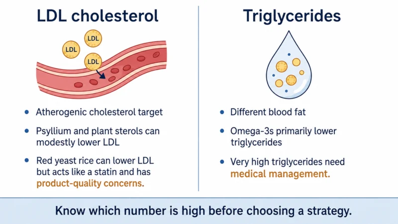 Diagram showing LDL cholesterol and triglycerides as different lipid targets with different supplement evidence.