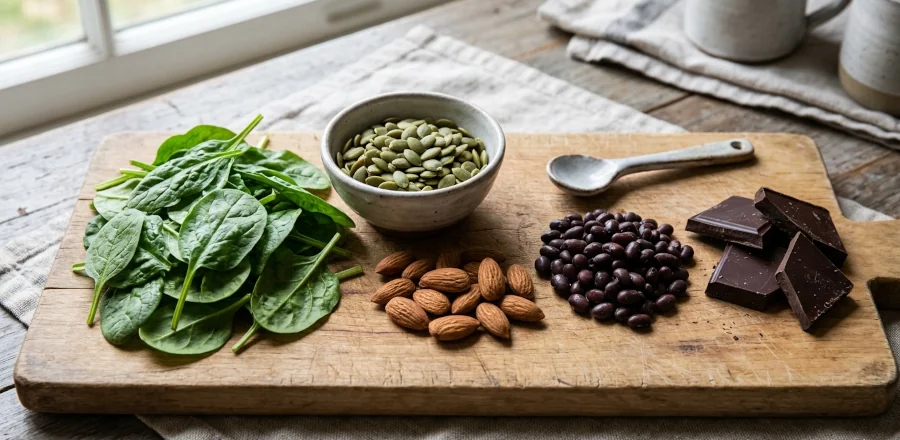 Spinach, pumpkin seeds, almonds, black beans, and dark chocolate arranged on a wooden board — all common food sources of magnesium.