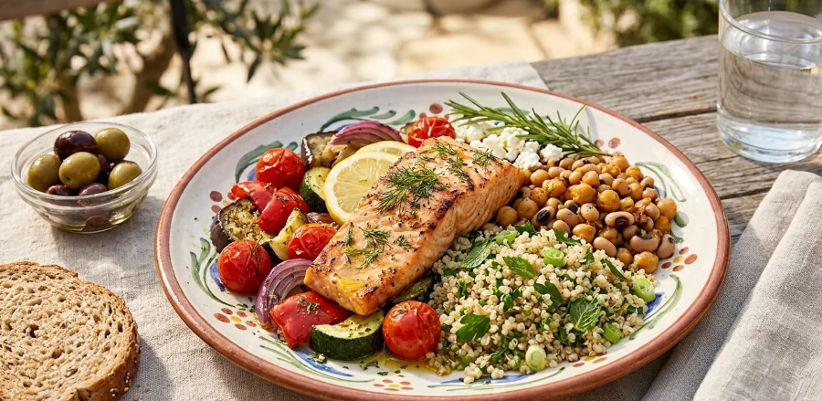 Mediterranean-style plate with vegetables, olive oil, whole grains, legumes, and fatty fish.