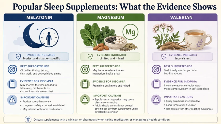 Comparison of natural remedies for insomnia such as melatonin, magnesium, and valerian showing their best-supported uses, evidence strength, and important cautions.
