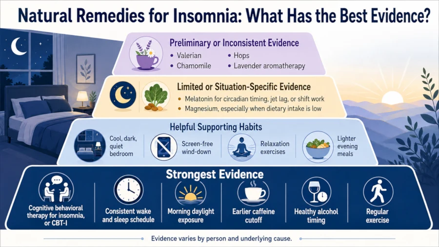 Pyramid ranking insomnia remedies from strongest evidence, including sleep habits and CBT-I, to weaker evidence for herbal teas.