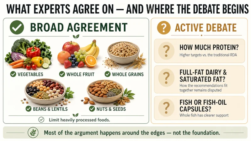 Infographic showing areas of nutrition agreement and debates about protein, saturated fat, full-fat dairy and fish oil