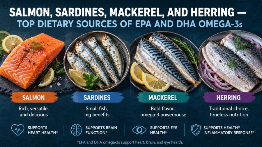 Salmon, sardines, mackerel, and herring — top dietary sources of EPA and DHA omega-3s.