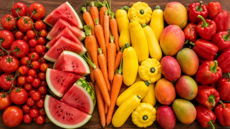Tomatoes, watermelon, carrots, squash, mango, and red peppers grouped by color.