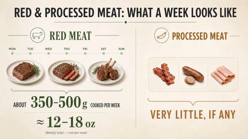 Illustration of the recommended weekly limit of 350 to 500 grams of cooked red meat and very little processed meat