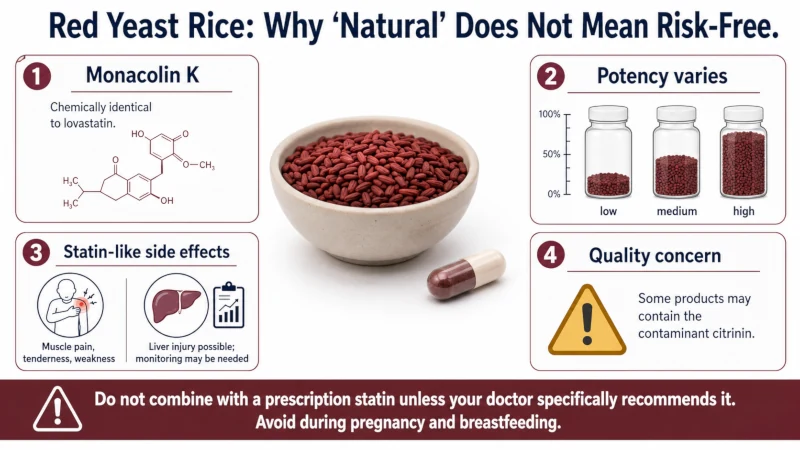 Red yeast rice safety infographic showing variable monacolin K levels, statin-like effects, and medication interaction concerns.