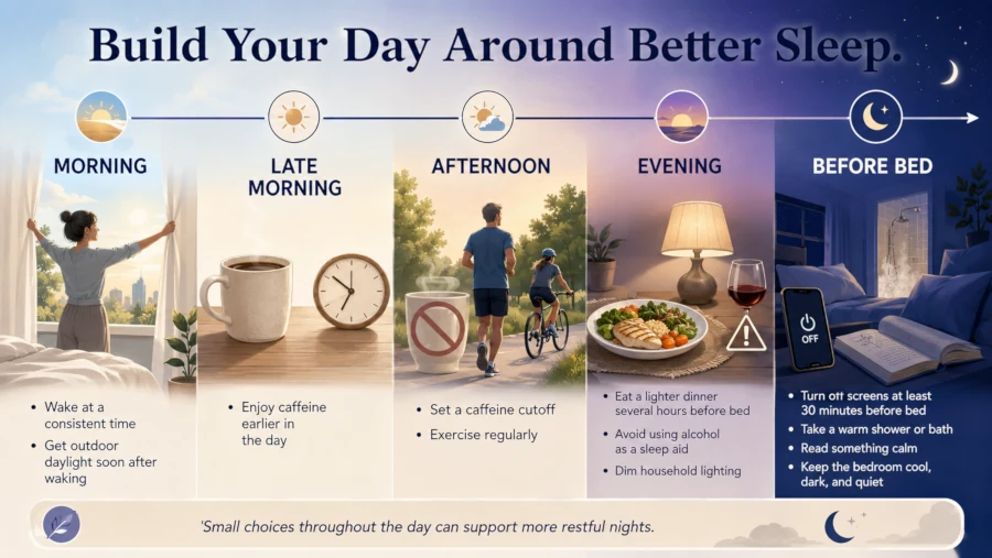 A day-long timeline showing morning daylight, an afternoon caffeine cutoff, evening exercise, and a screen-free wind-down.