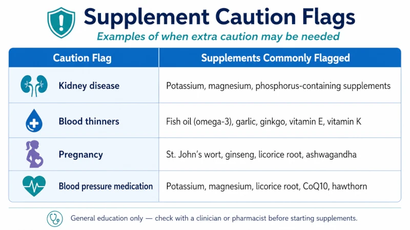 Table listing kidney disease, blood thinners, pregnancy, and blood pressure medication as caution flags for specific supplements